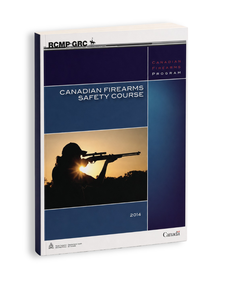 Front cover of the Canadian Firearms Safety Course student handbook, with RCMP and Canadian Firearms Program branding and a silhouetted shooter safely aiming a rifle outdoors at sunset.