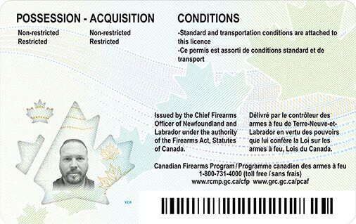 Back of the official 2023 RCMP sample Canadian Possession and Acquisition Licence card, showing non-restricted and restricted possession and acquisition privileges, bilingual conditions text, Chief Firearms Officer notice, Canadian Firearms Program contact information, specimen portrait, security graphics and barcode.