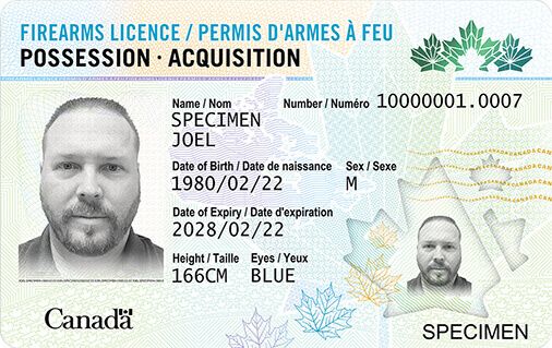 Front of the official 2023 RCMP sample Canadian Possession and Acquisition Licence card, showing a specimen holder portrait, bilingual Firearms Licence heading, licence number, name, birth date, sex, expiry date, height, eye colour, maple-leaf security graphics and SPECIMEN markings.